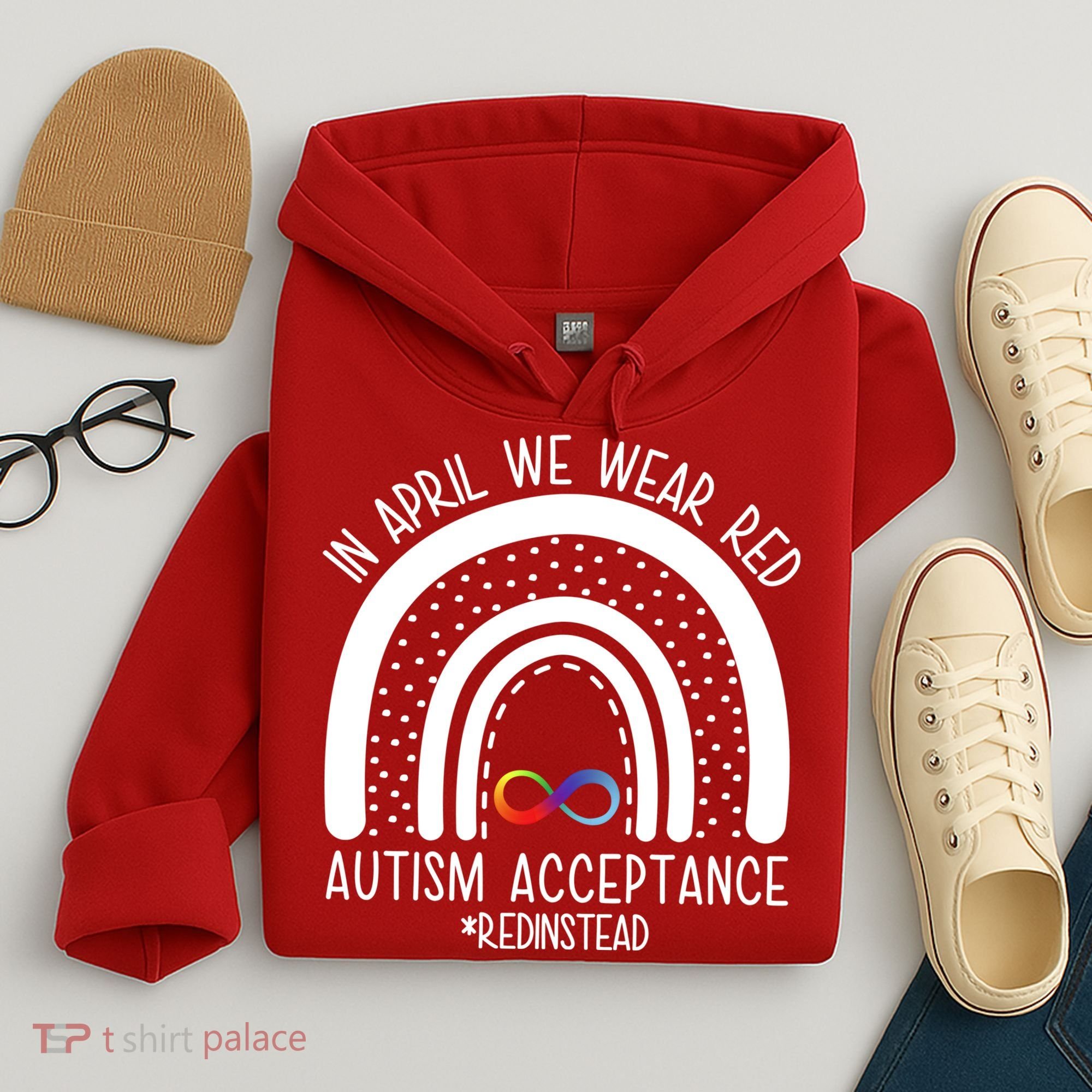 In April We Wear Red Autism Acceptance Red Instead Rainbow Hoodie