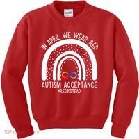 In April We Wear Red Autism Acceptance Red Instead Rainbow Kids Sweatshirt thumb 0