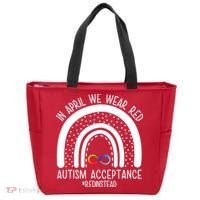In April We Wear Red Autism Acceptance Red Instead Rainbow Tote Bag thumb 0