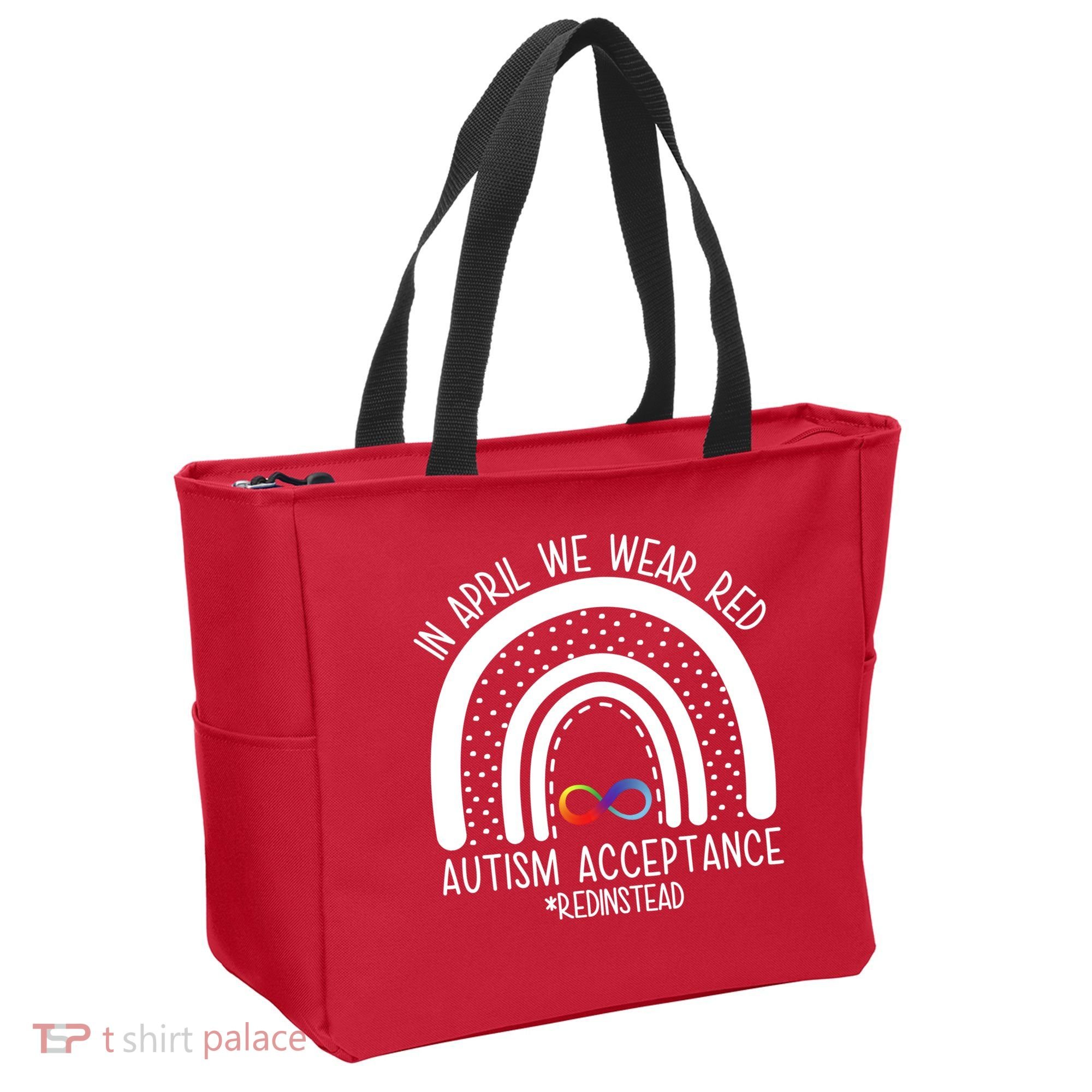 In April We Wear Red Autism Acceptance Red Instead Rainbow Tote Bag