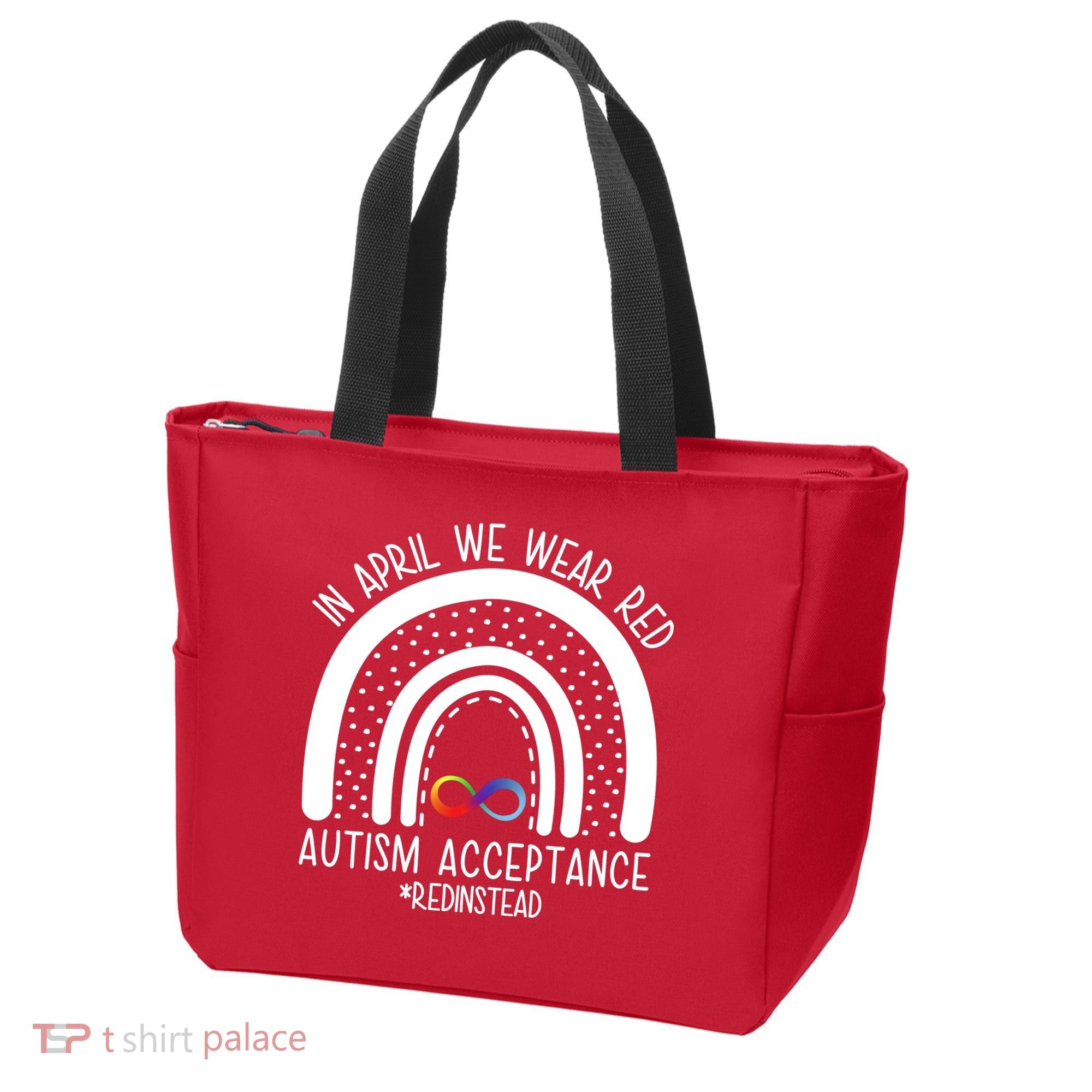 In April We Wear Red Autism Acceptance Red Instead Rainbow Tote Bag