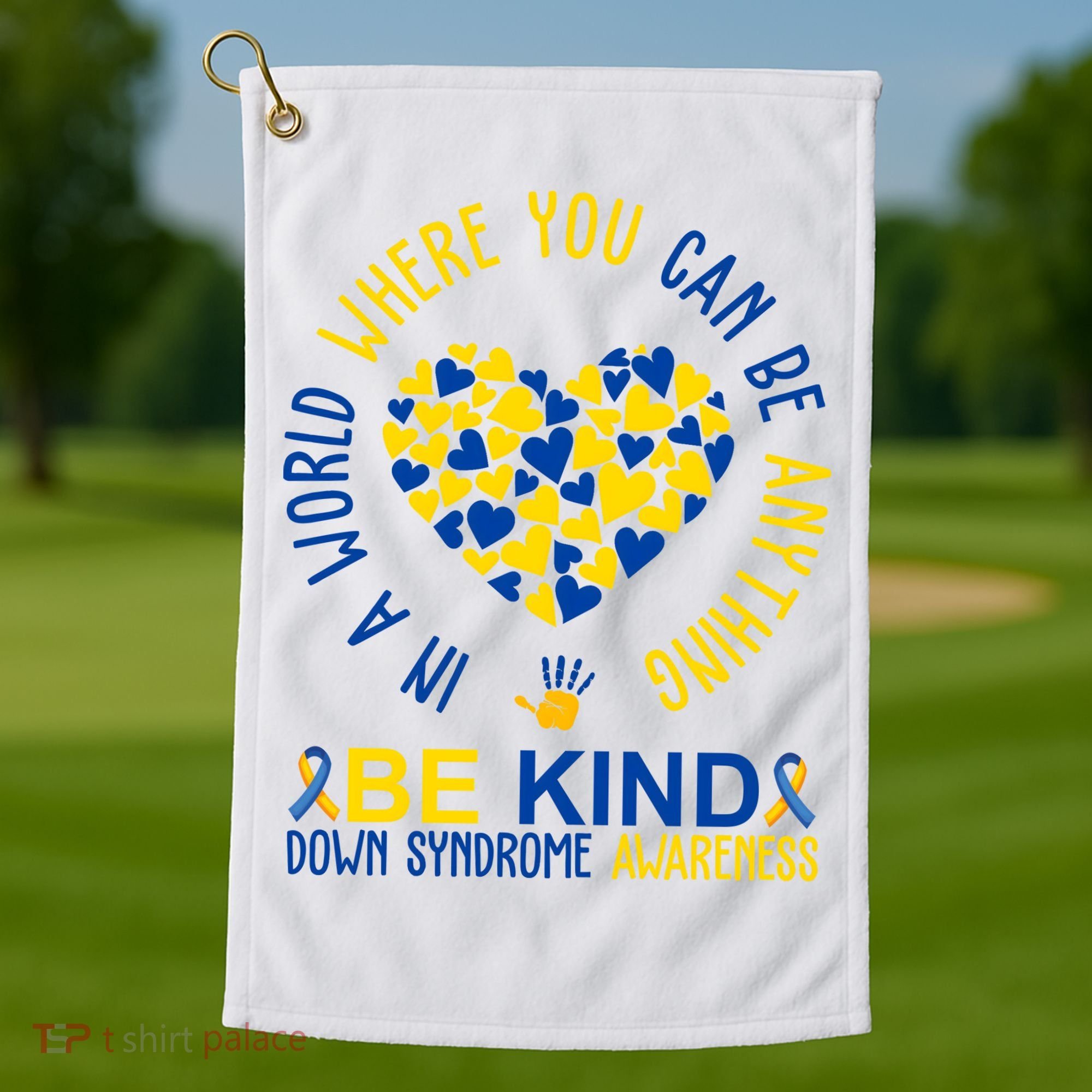 In A World Where You Can Be Anything Be Kind Down Syndrome Golf Towel