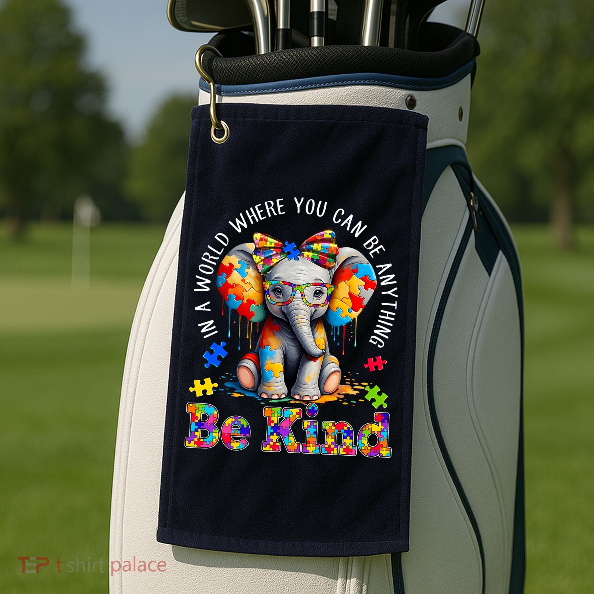 In A World Where You Can Be Anything Be Kind Autism Elephant Golf Towel