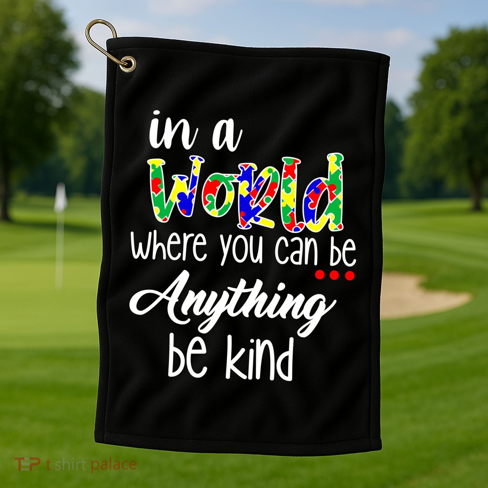 In A World Where You Can Be Anything Be Kind Autism Awareness Golf Towel