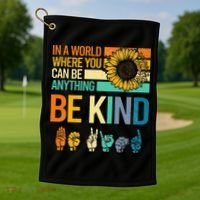 In A World Where You Can Be Anything Be Kind ASL Sunflower Golf Towel thumb 1