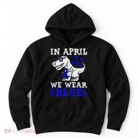 In April We Wear Blue T rex Dinosaur Child Abuse Prevention Hoodie thumb 0