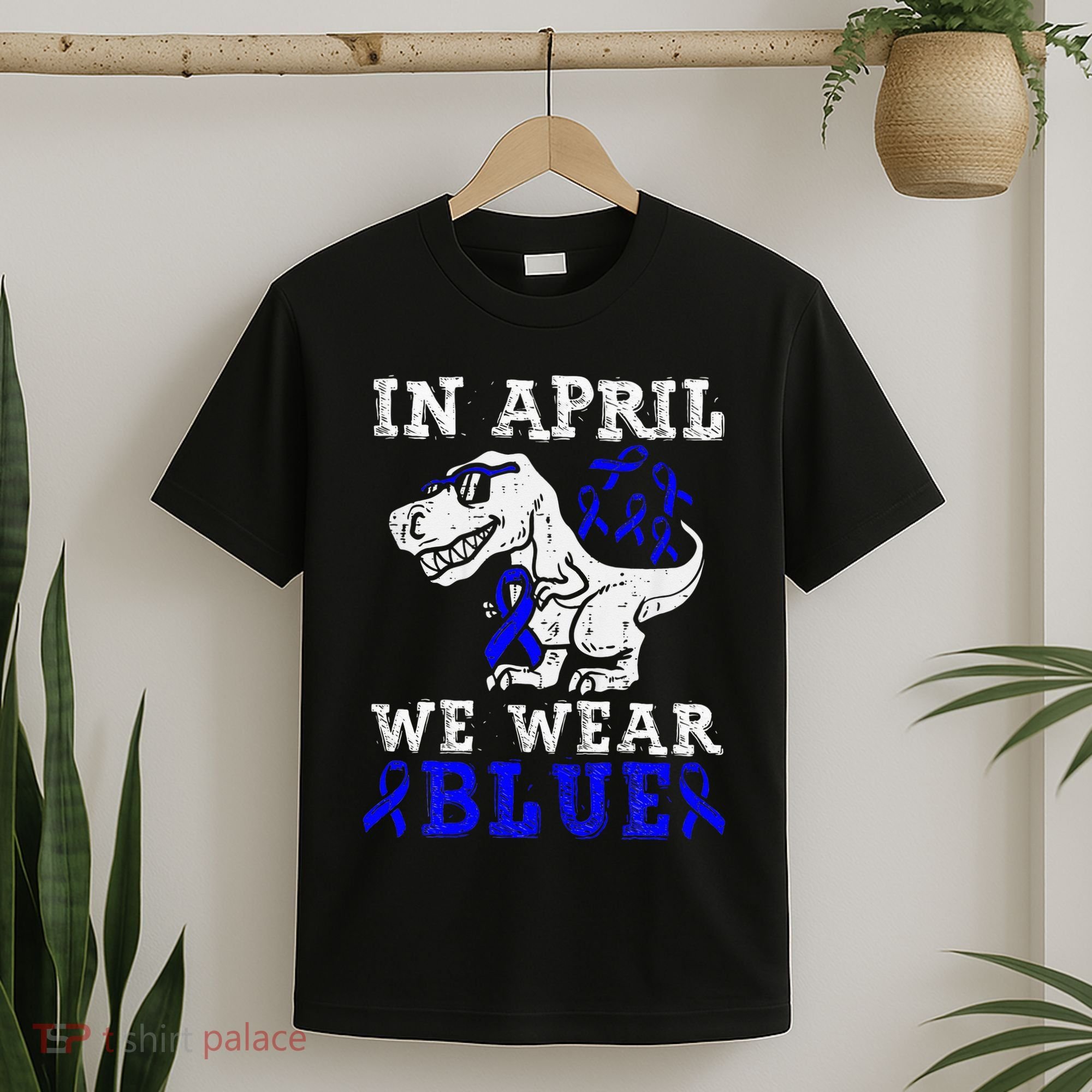 In April We Wear Blue T rex Dinosaur Child Abuse Prevention T-Shirt