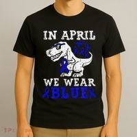 In April We Wear Blue T rex Dinosaur Child Abuse Prevention T-Shirt thumb 3