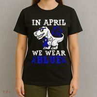 In April We Wear Blue T rex Dinosaur Child Abuse Prevention T-Shirt thumb 4