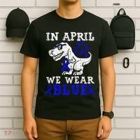 In April We Wear Blue T rex Dinosaur Child Abuse Prevention T-Shirt thumb 6