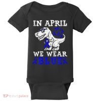In April We Wear Blue T rex Dinosaur Child Abuse Prevention Baby Bodysuit thumb 0
