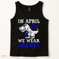 In April We Wear Blue T rex Dinosaur Child Abuse Prevention Tank Top thumb 2