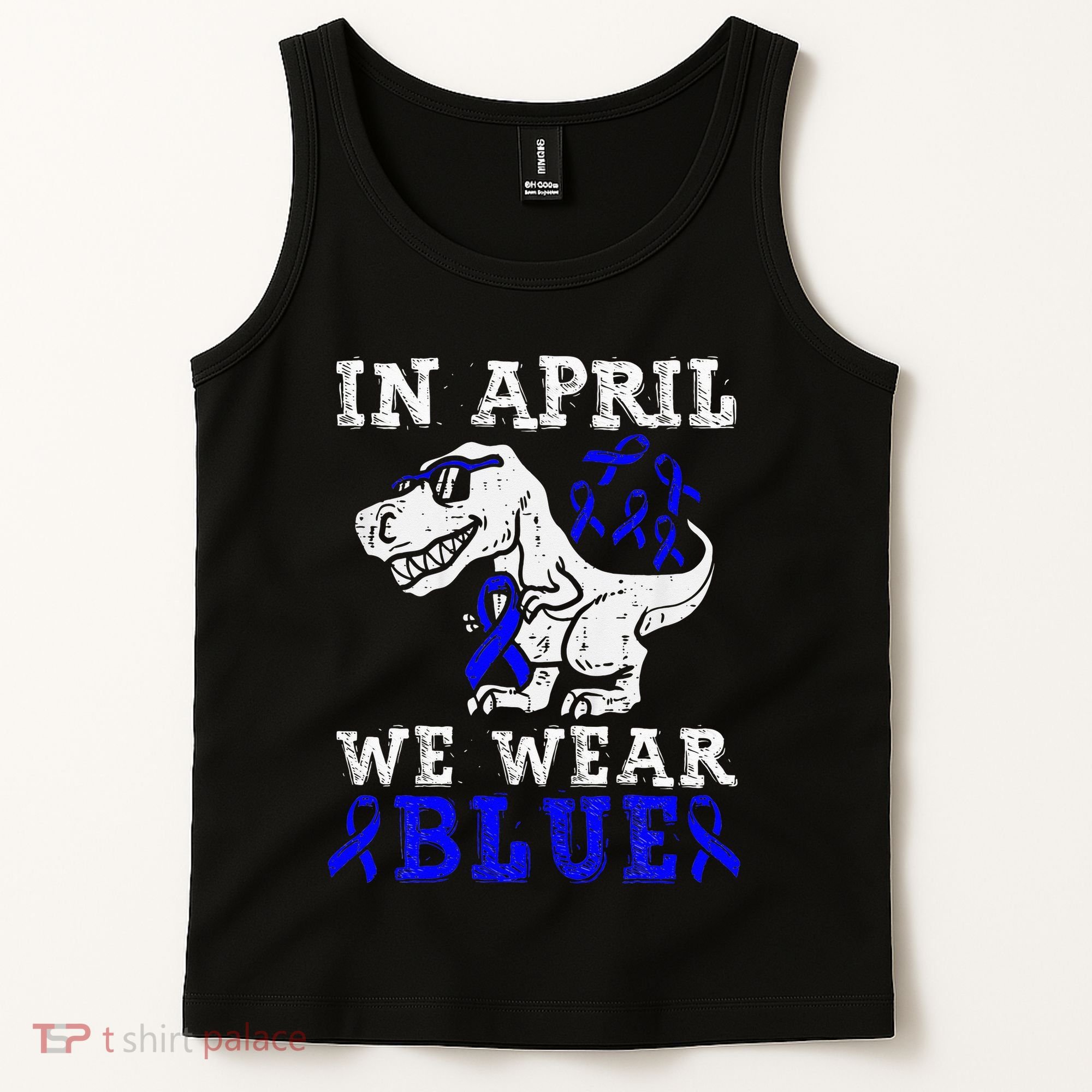In April We Wear Blue T rex Dinosaur Child Abuse Prevention Tank Top