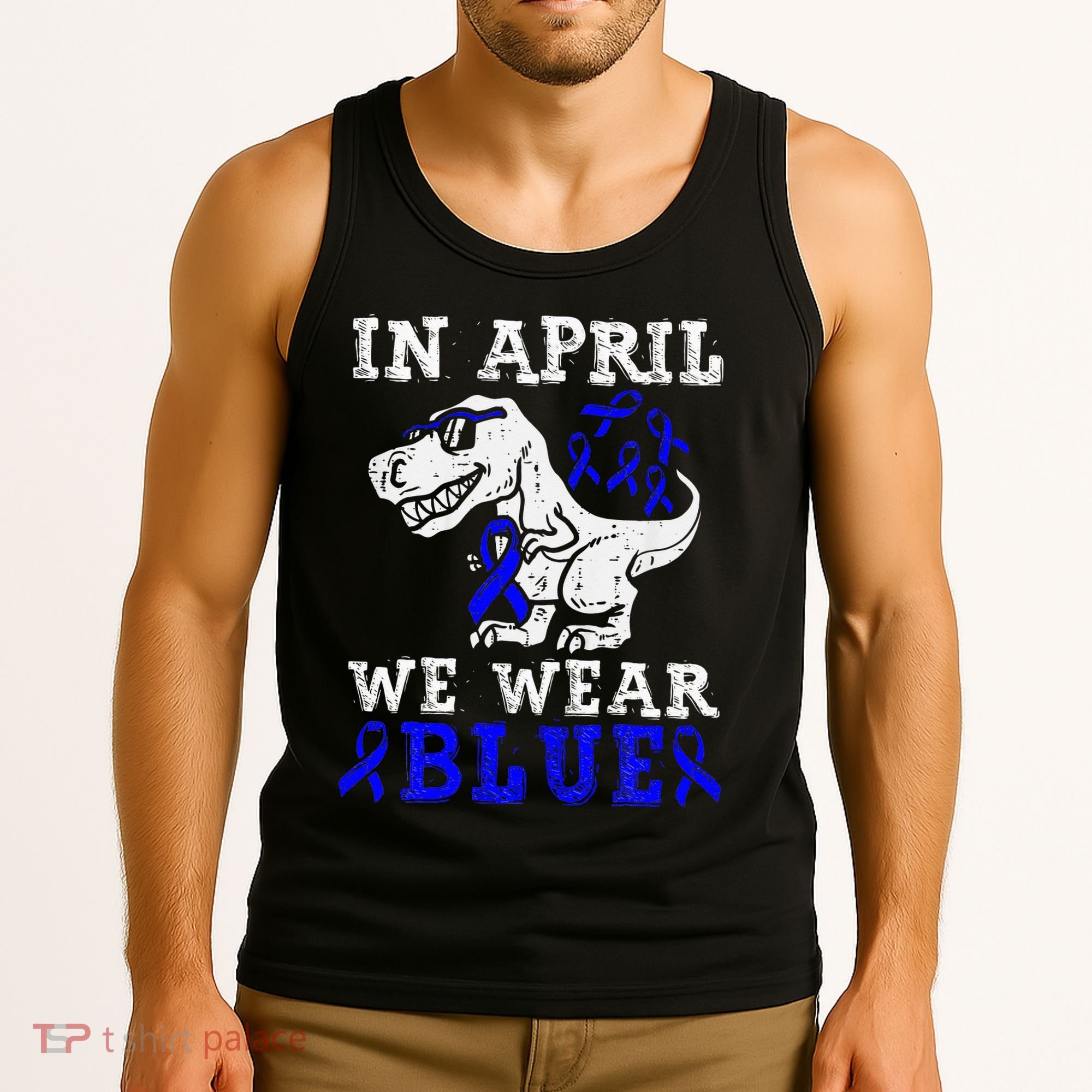 In April We Wear Blue T rex Dinosaur Child Abuse Prevention Tank Top