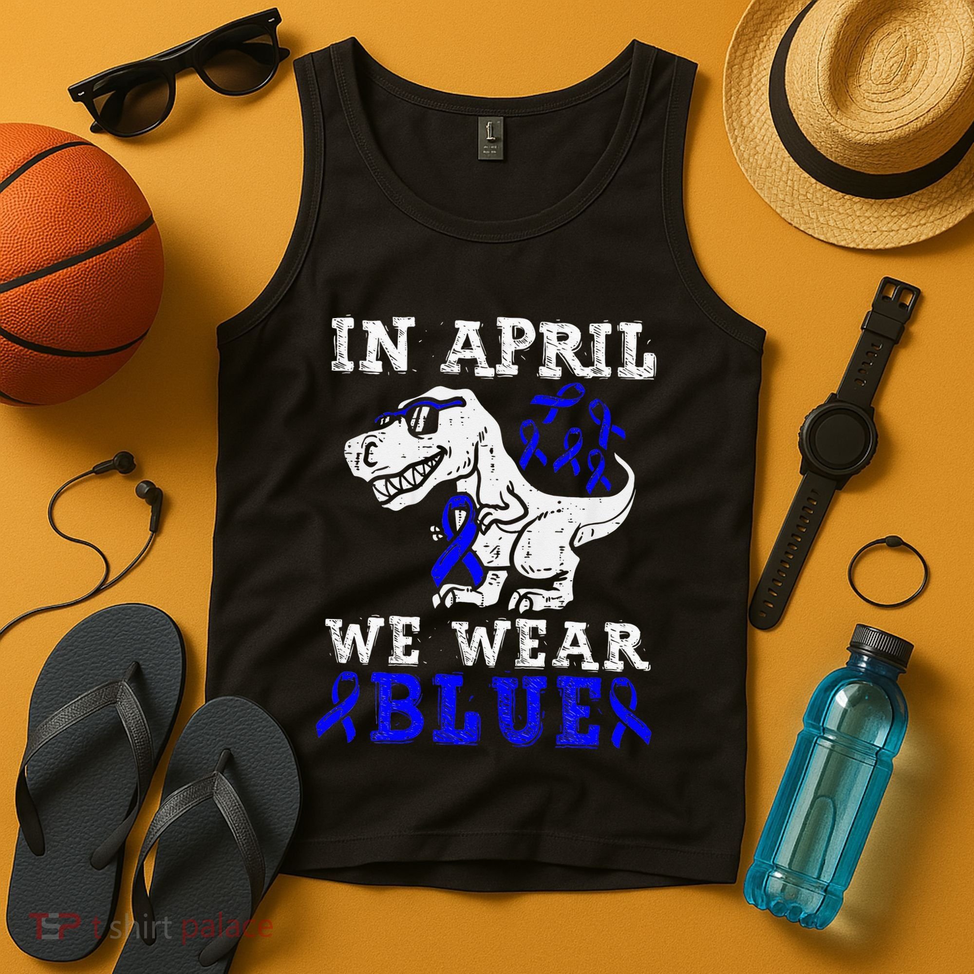In April We Wear Blue T rex Dinosaur Child Abuse Prevention Tank Top