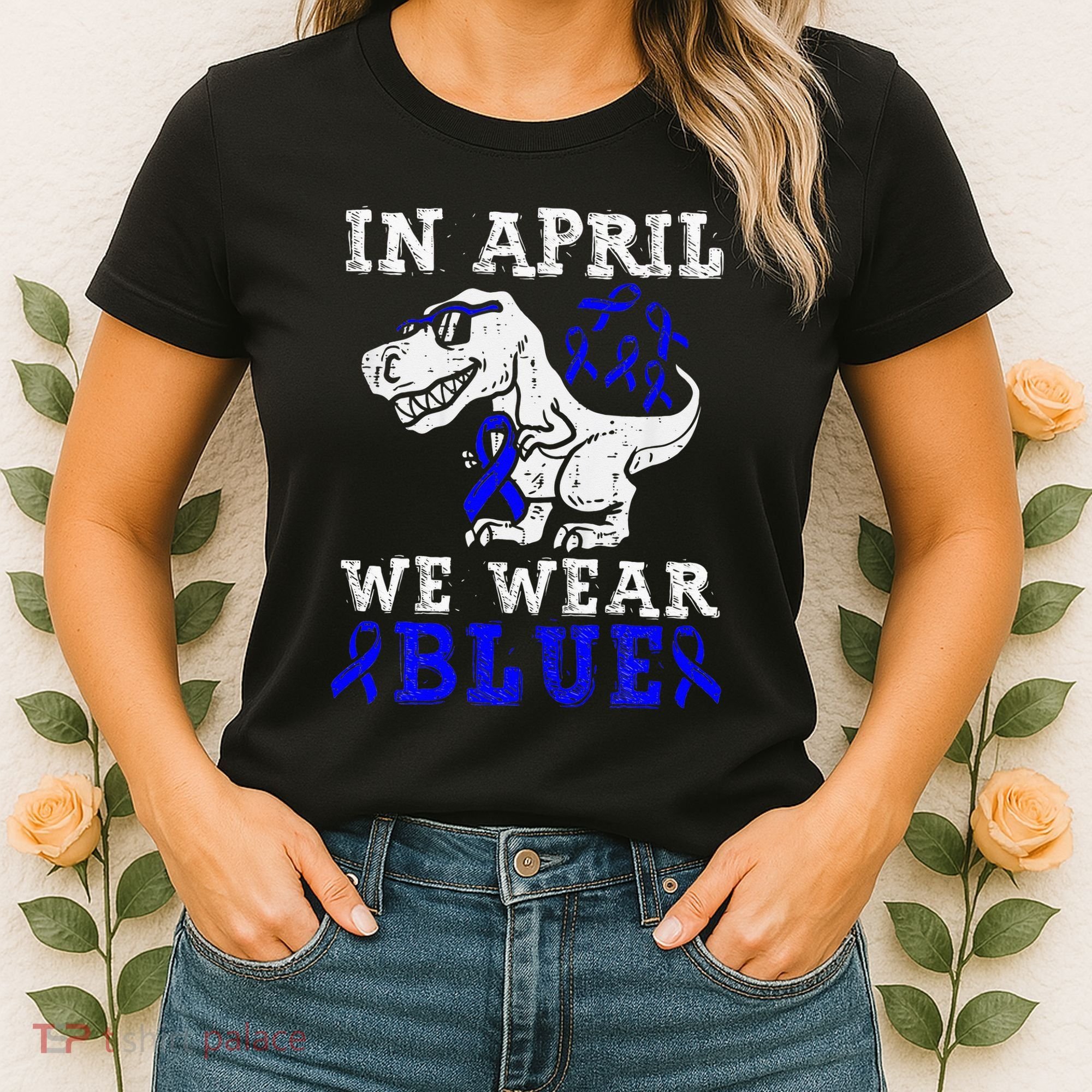 In April We Wear Blue T rex Dinosaur Child Abuse Prevention Women's T-Shirt