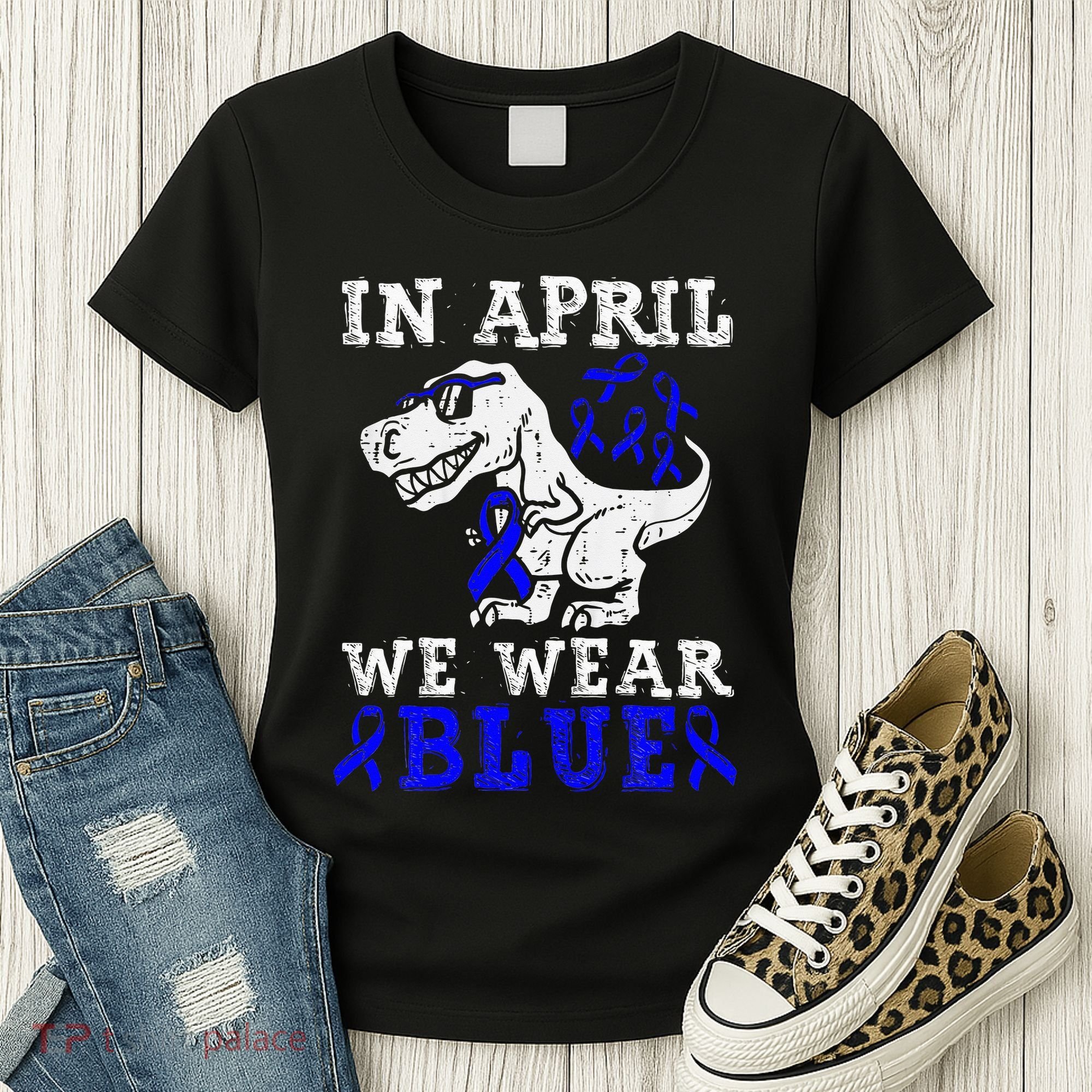 In April We Wear Blue T rex Dinosaur Child Abuse Prevention Women's T-Shirt