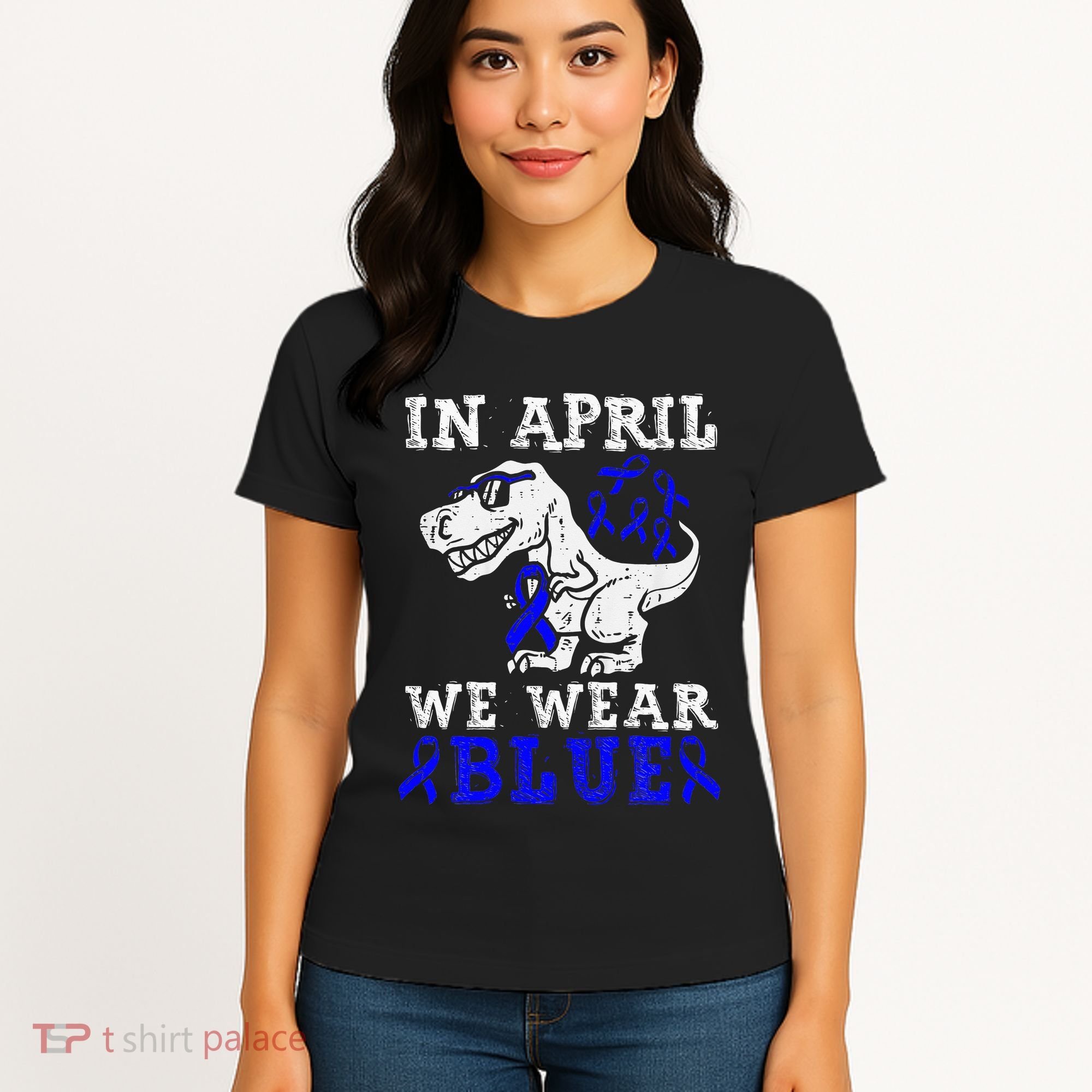 In April We Wear Blue T rex Dinosaur Child Abuse Prevention Women's T-Shirt