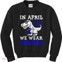 In April We Wear Blue T rex Dinosaur Child Abuse Prevention Kids Sweatshirt thumb 0