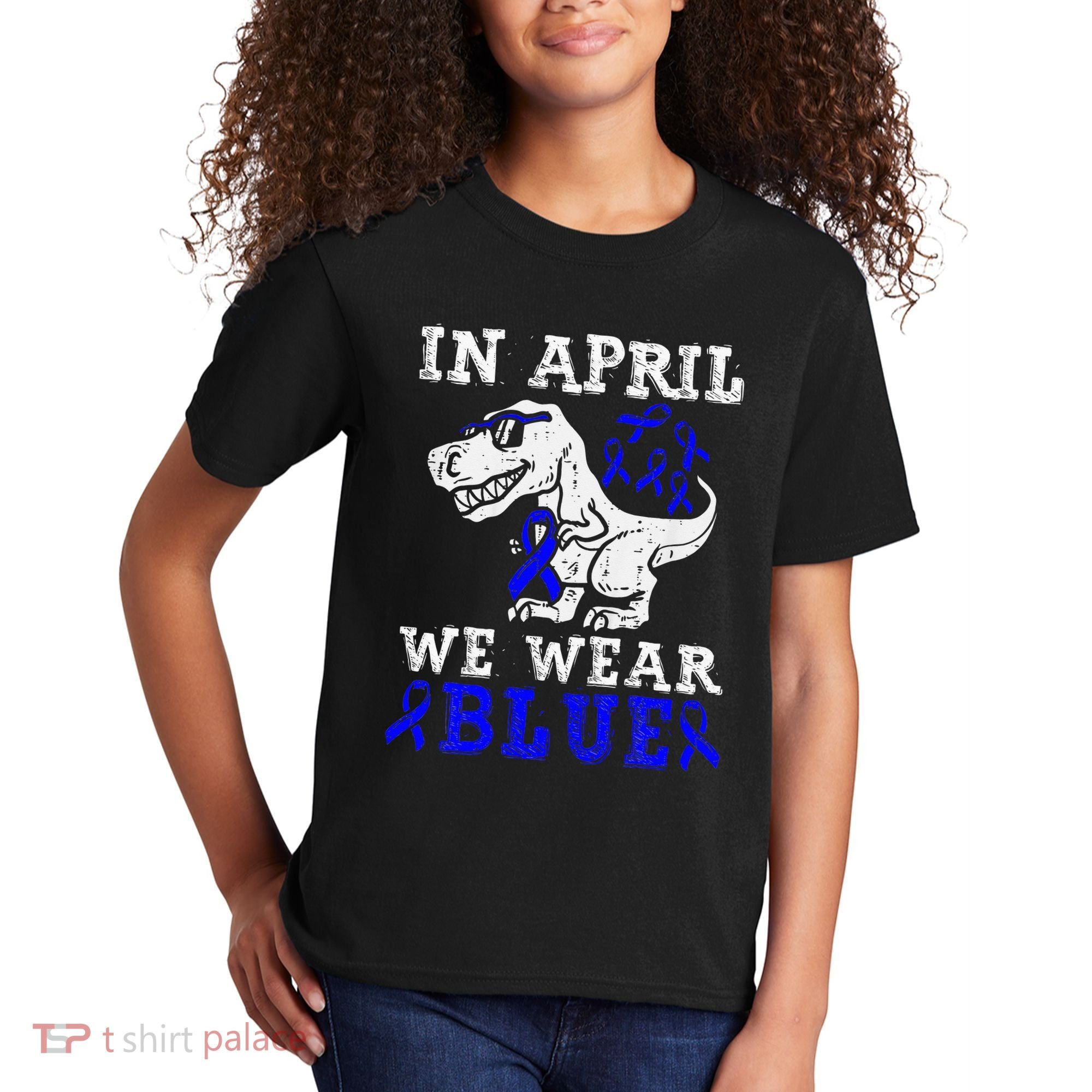 In April We Wear Blue T rex Dinosaur Child Abuse Prevention Kids T-Shirt
