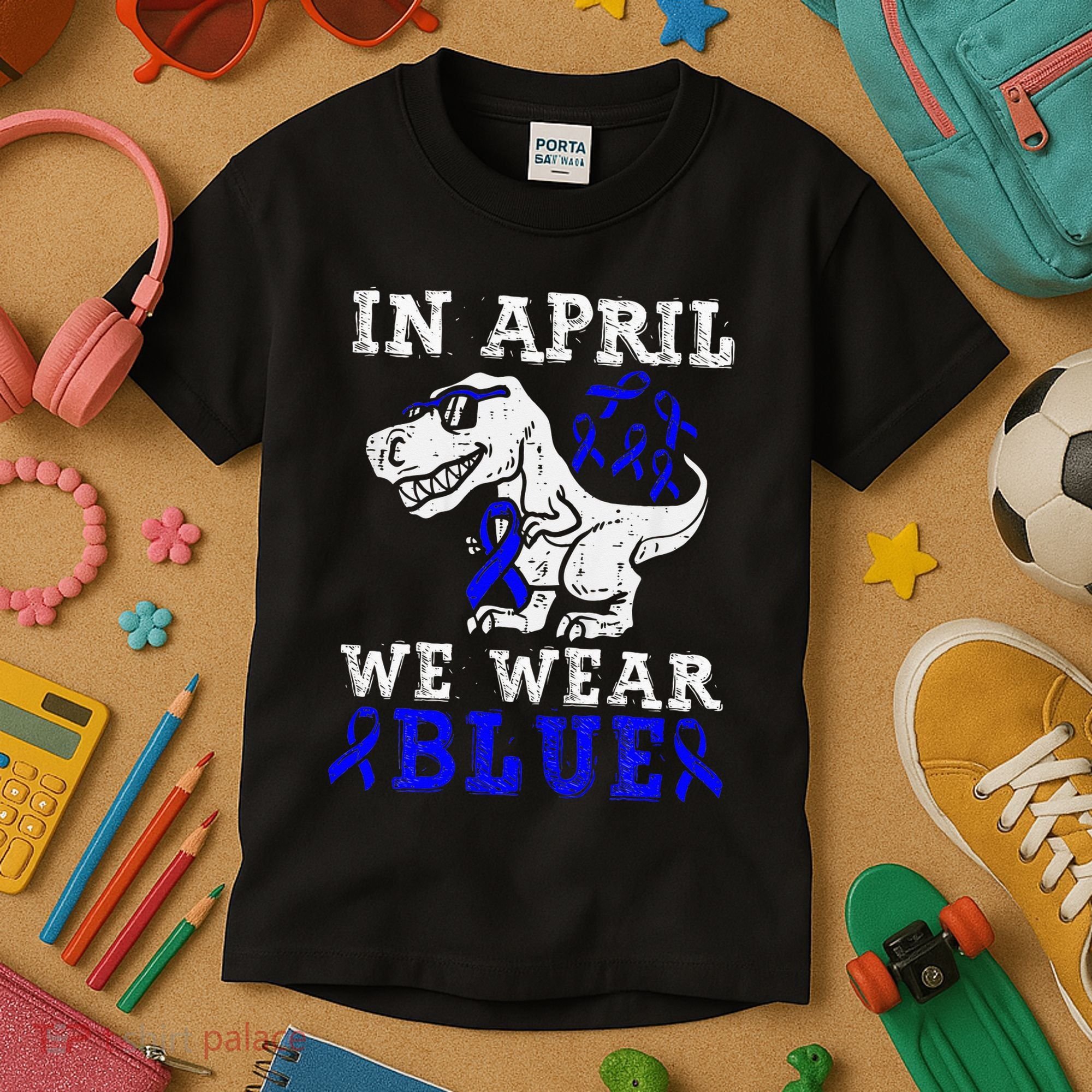 In April We Wear Blue T rex Dinosaur Child Abuse Prevention Kids T-Shirt