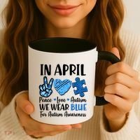 In April We Wear Blue Peace Love Autism Awareness Coffee Mug thumb 3