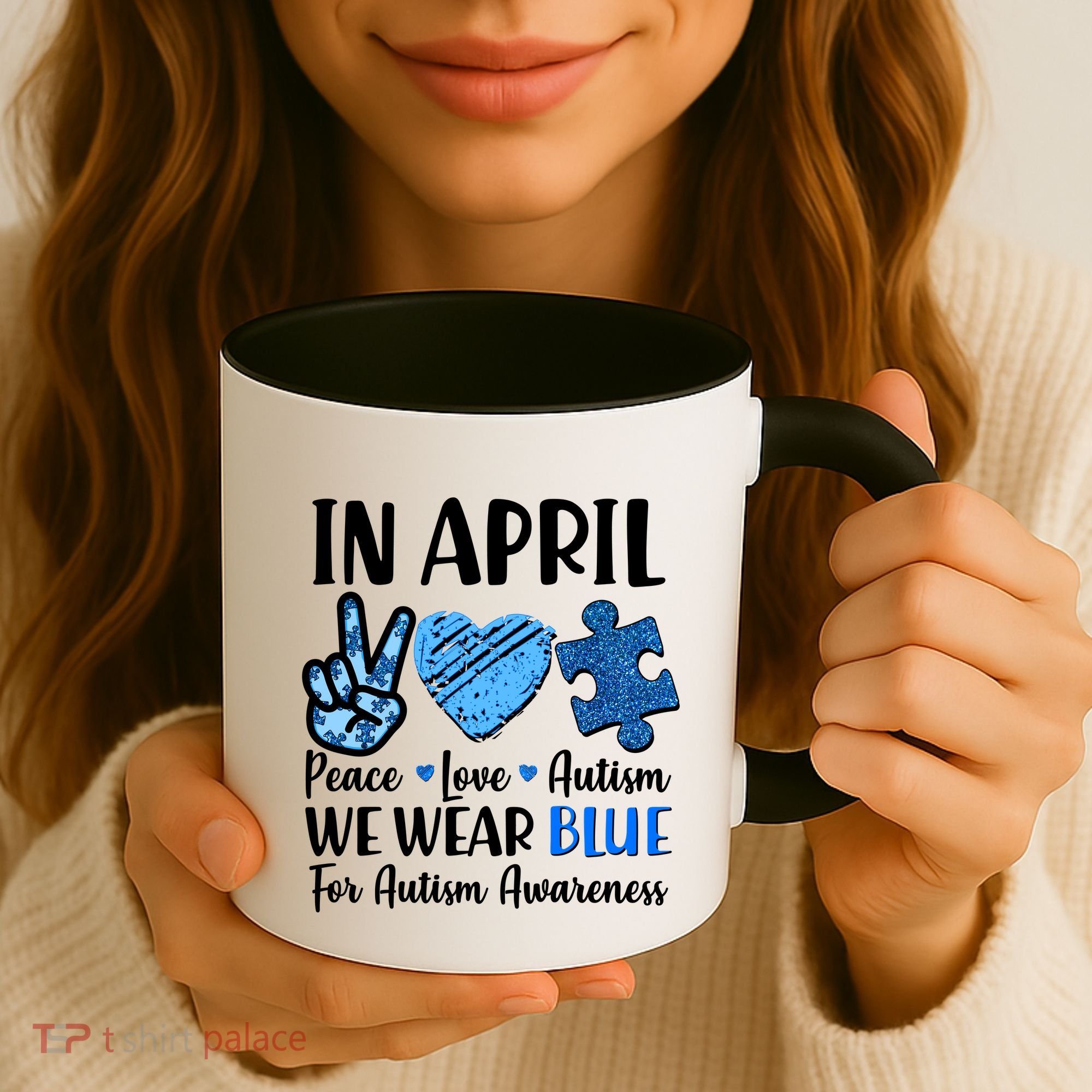In April We Wear Blue Peace Love Autism Awareness Coffee Mug