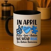 In April We Wear Blue Peace Love Autism Awareness Coffee Mug thumb 4