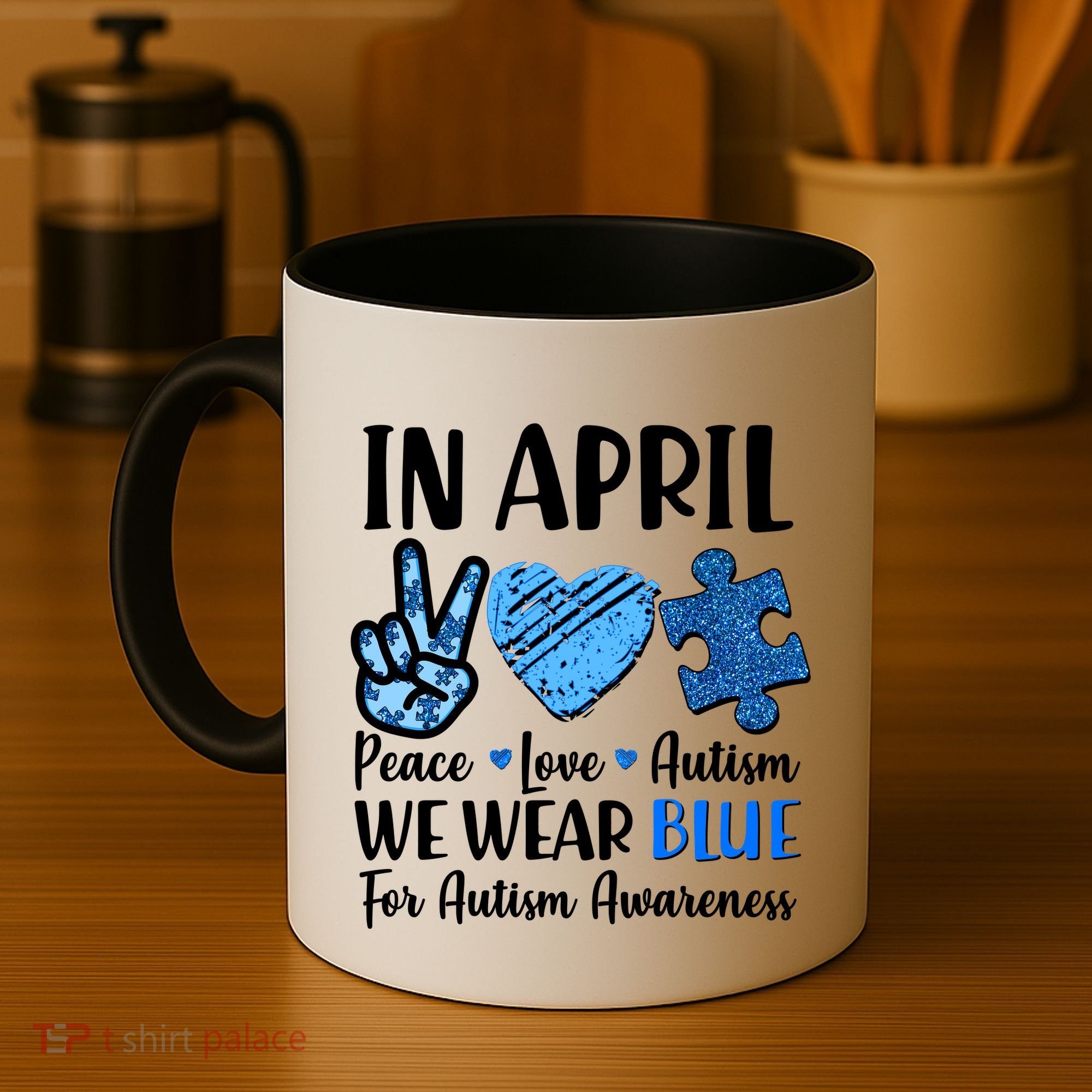 In April We Wear Blue Peace Love Autism Awareness Coffee Mug