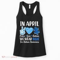 In April We Wear Blue Peace Love Autism Awareness Women's Tank Top thumb 0