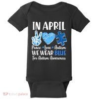 In April We Wear Blue Peace Love Autism Awareness Baby Bodysuit thumb 0