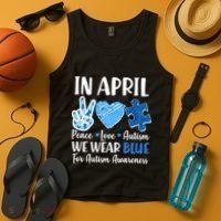In April We Wear Blue Peace Love Autism Awareness Tank Top thumb 4