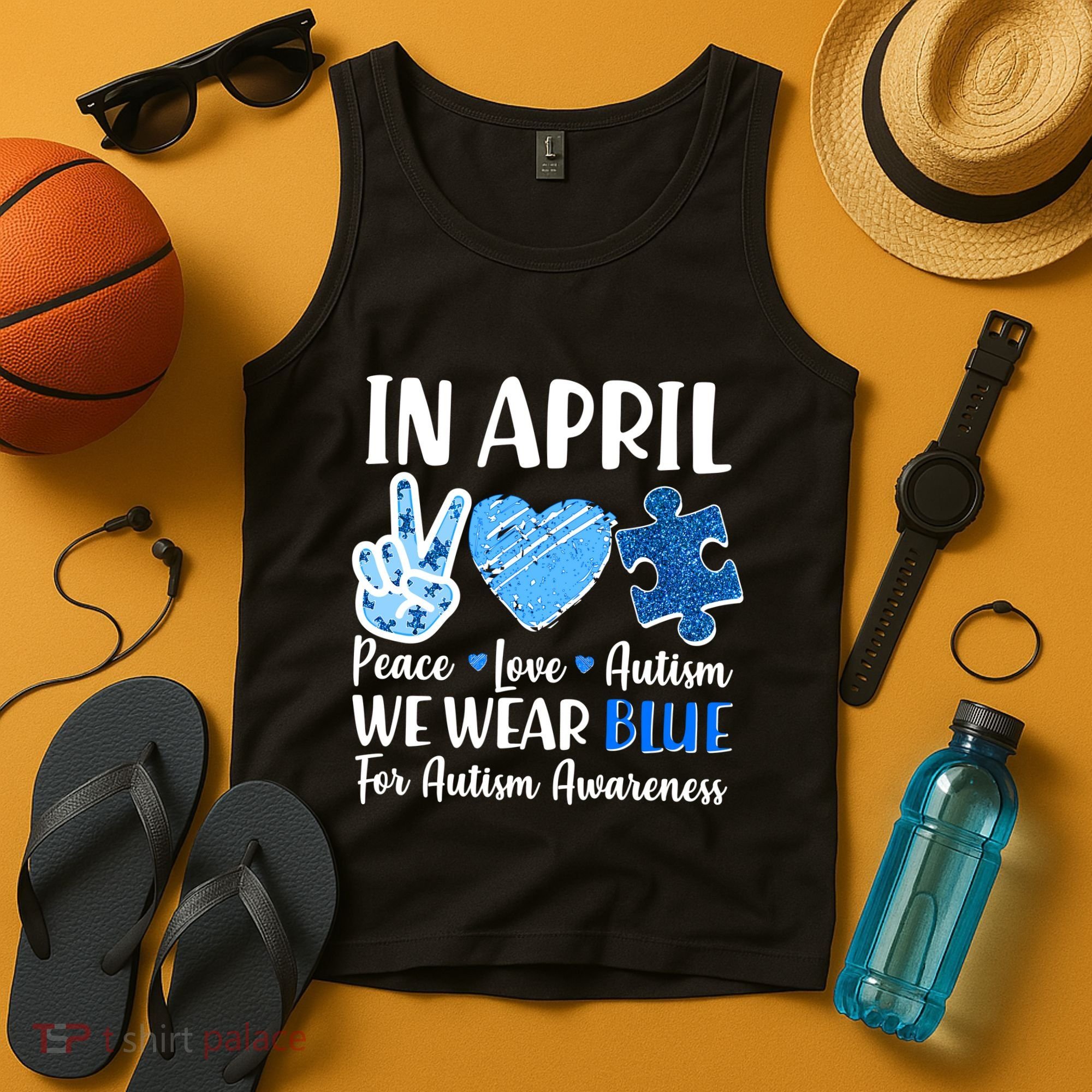 In April We Wear Blue Peace Love Autism Awareness Tank Top