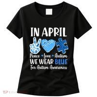 In April We Wear Blue Peace Love Autism Awareness Women's T-Shirt thumb 0