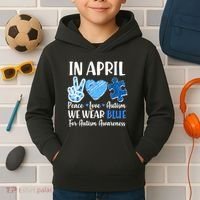 In April We Wear Blue Peace Love Autism Awareness Kids Hoodie thumb 2