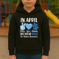 In April We Wear Blue Peace Love Autism Awareness Kids Hoodie thumb 3