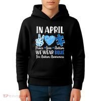 In April We Wear Blue Peace Love Autism Awareness Kids Hoodie thumb 4