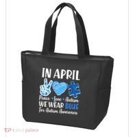 In April We Wear Blue Peace Love Autism Awareness Tote Bag thumb 3