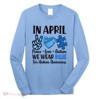 In April We Wear Blue Peace Love Autism Awareness Long Sleeve Shirt thumb 0