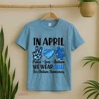 In April We Wear Blue Peace Love Autism Awareness T-Shirt thumb 2