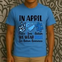 In April We Wear Blue Peace Love Autism Awareness T-Shirt thumb 3