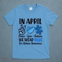 In April We Wear Blue Peace Love Autism Awareness T-Shirt thumb 4
