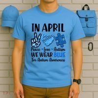 In April We Wear Blue Peace Love Autism Awareness T-Shirt thumb 5