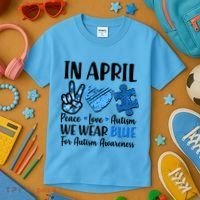 In April We Wear Blue Peace Love Autism Awareness Kids T-Shirt thumb 3