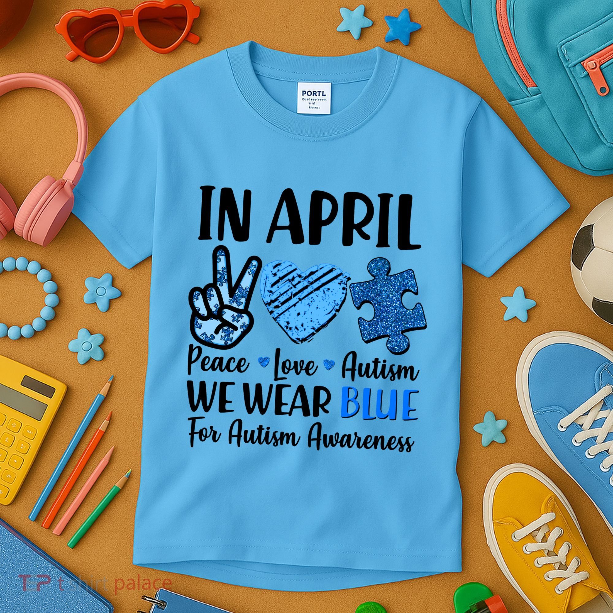 In April We Wear Blue Peace Love Autism Awareness Kids T-Shirt
