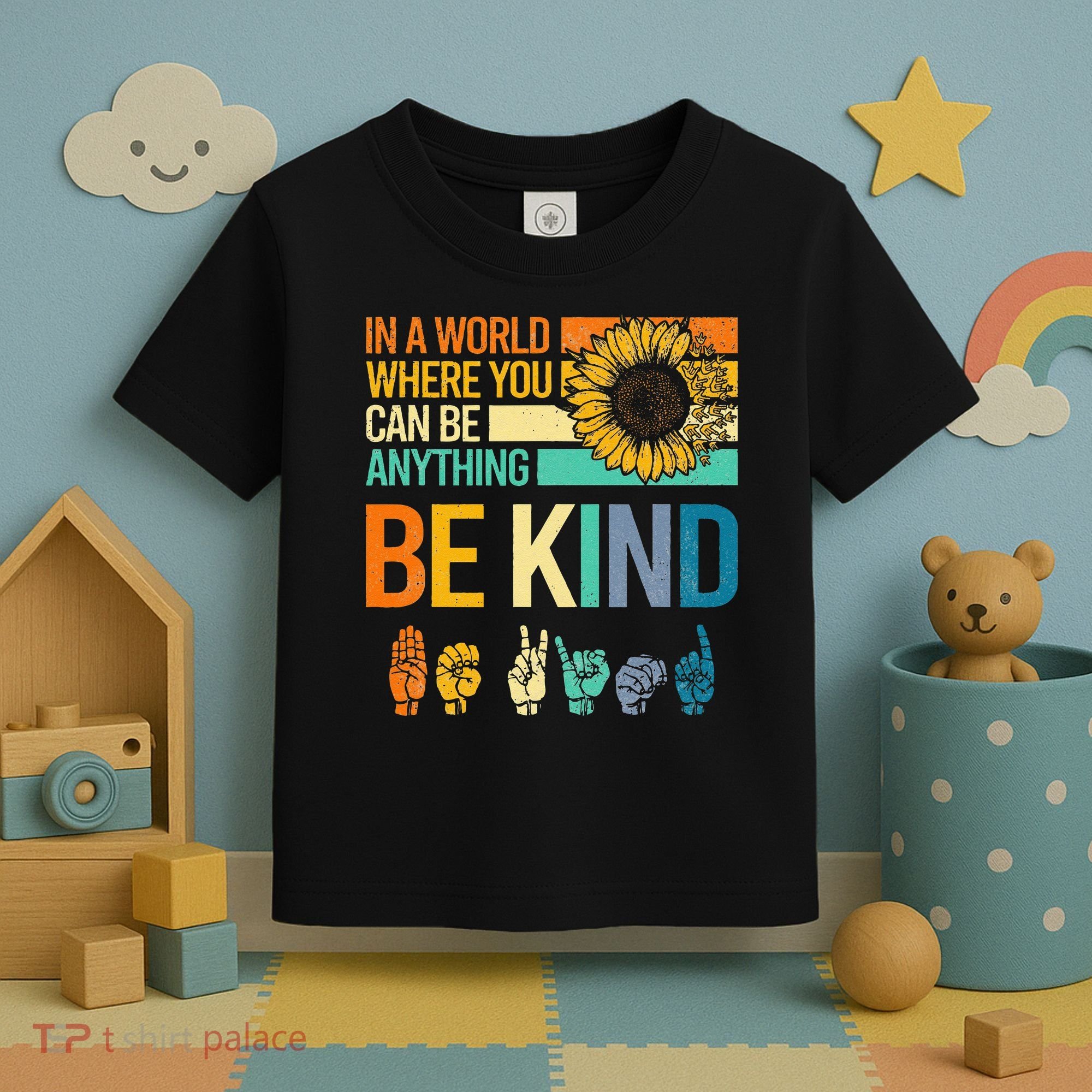 In A World Where You Can Be Anything Be Kind ASL Sunflower Toddler T-Shirt