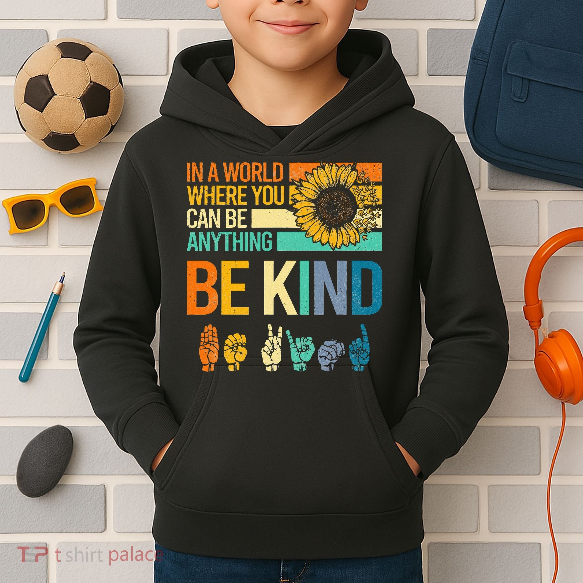 In A World Where You Can Be Anything Be Kind ASL Sunflower Kids Hoodie