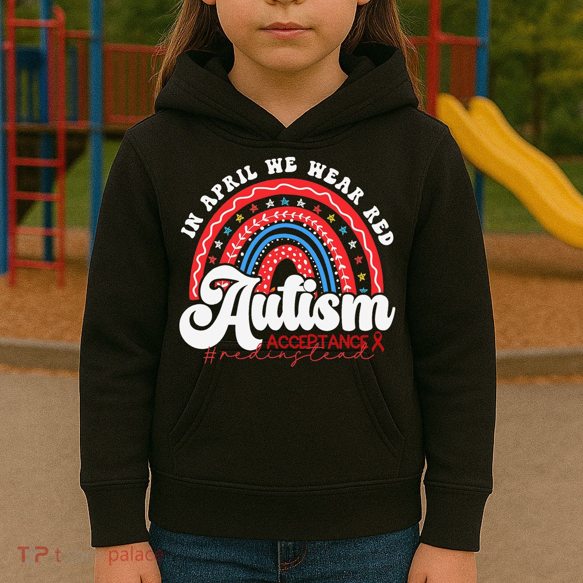 In April We Wear Red Autism Awareness Acceptance Red Kids Hoodie