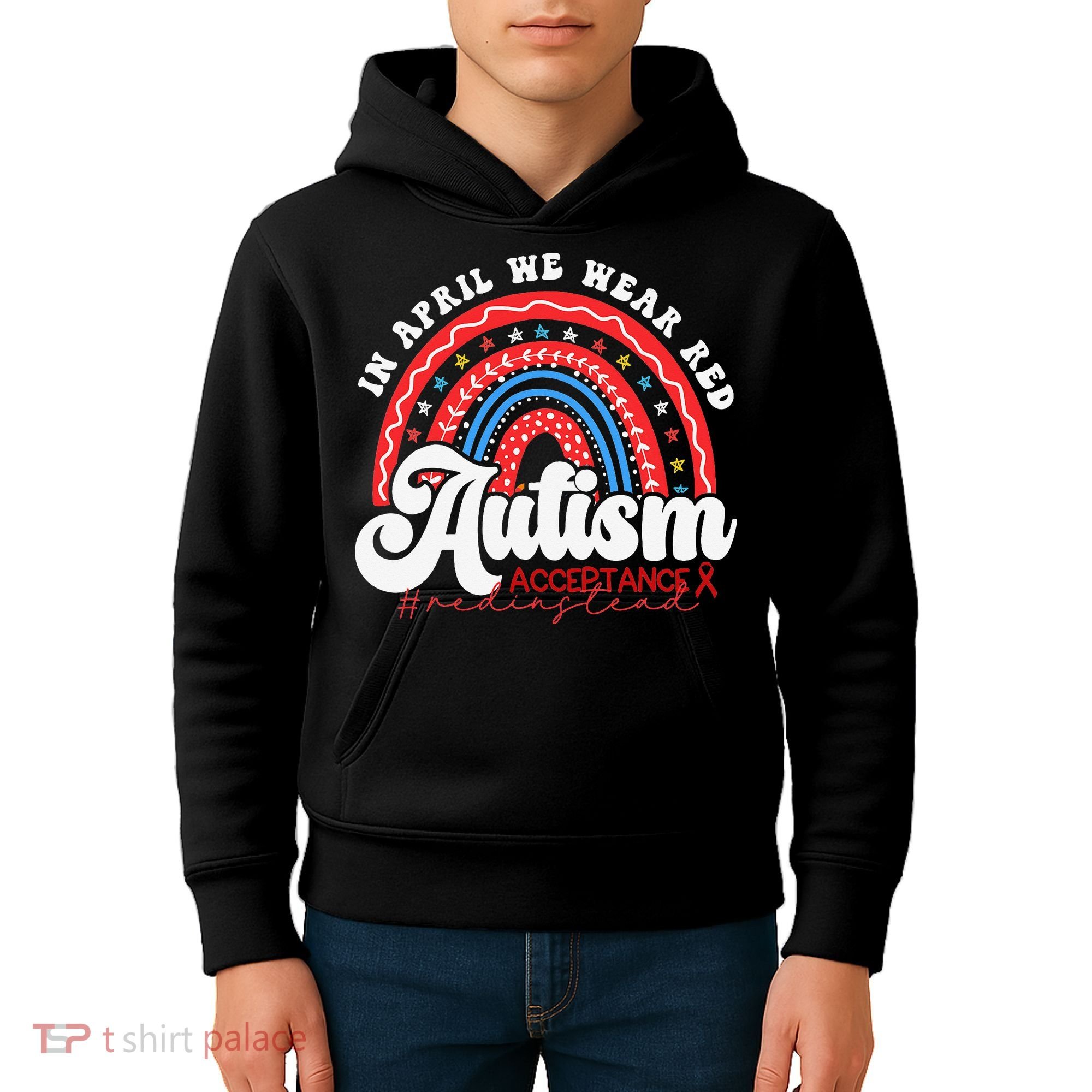 In April We Wear Red Autism Awareness Acceptance Red Kids Hoodie