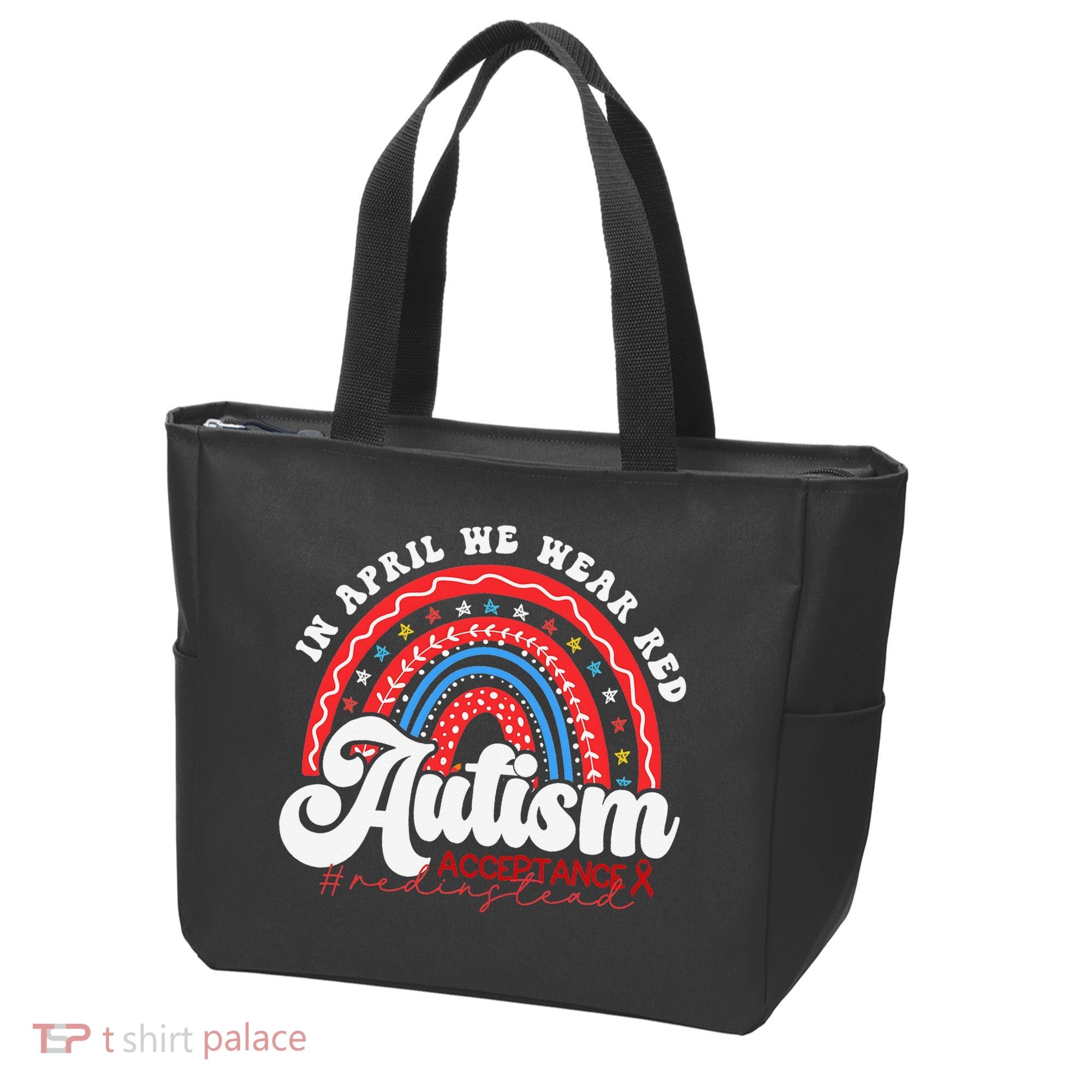In April We Wear Red Autism Awareness Acceptance Red Tote Bag